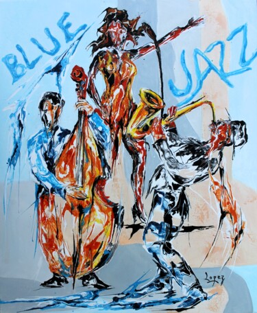 Schilderij getiteld "1842 Blue jazz" door Jean-Luc Lopez, Origineel Kunstwerk, Acryl Gemonteerd op Frame voor houten brancard
