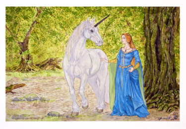 Peinture intitulée "Dame à la licorne" par Frédéric Bautias, Œuvre d'art originale, Aquarelle
