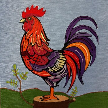 Textilkunst mit dem Titel "GALLO 03" von Diego Vicente Vinagre, Original-Kunstwerk, Stickerei