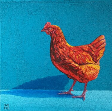 Painting titled "Red chicken on a bl…" by Svetlana Evseeva, Original Artwork, Acrylic Mounted on Wood Stretcher frame