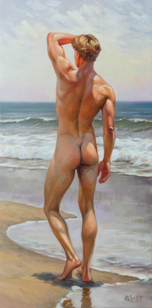 Malerei mit dem Titel "NUDE MAN BY THE SEA" von Yaroslav Sobol, Original-Kunstwerk, Öl Auf Keilrahmen aus Holz montiert