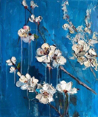 Peinture intitulée "White Cherry Blosso…" par Mily Art, Œuvre d'art originale, Huile Monté sur Châssis en bois