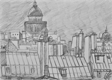 Drawing titled "Toits et cheminées…" by Franck Jamart, Original Artwork, Pencil