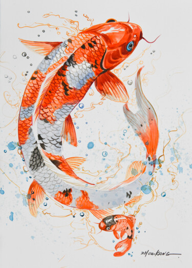 Ζωγραφική με τίτλο "koi fish 3" από Kang Zhou, Αυθεντικά έργα τέχνης, Ακουαρέλα