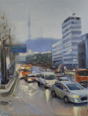 Painting titled "Seoul. Namsan Tower" by Irina Sergeyeva, Original Artwork, Oil Mounted on Wood Stretcher frame