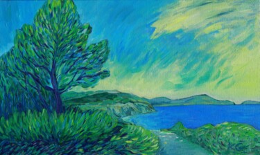 Painting titled "The shores of the B…" by Gábor Kentelki, Original Artwork, Oil Mounted on Wood Stretcher frame