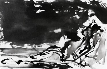 Painting titled "The shores of the B…" by Gábor Kentelki, Original Artwork, Ink Mounted on Wood Stretcher frame