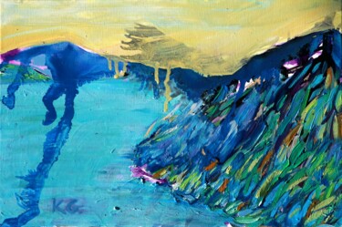 Painting titled "The shores of the B…" by Gábor Kentelki, Original Artwork, Oil Mounted on Wood Stretcher frame