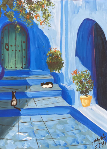 Painting titled "Chefchaouen Morocca…" by Redwan Elbazi, Original Artwork, Acrylic Mounted on Wood Stretcher frame