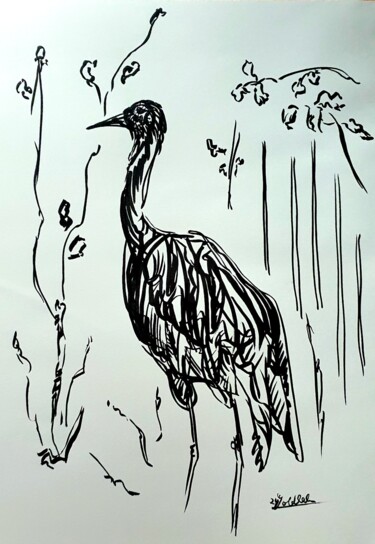 Zeichnungen mit dem Titel "Kranich groß" von Anne Goldhahn, Original-Kunstwerk, Marker