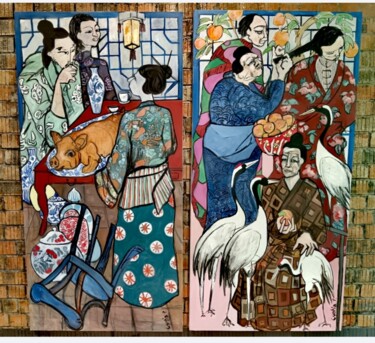 Painting titled "Dyptique Mythologie…" by Cynthia Pedrosa, Original Artwork, Oil Mounted on Wood Stretcher frame