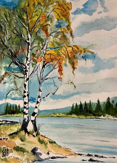 Pintura intitulada "les 2 bouleaux" por Jean-Francois Jehl, Obras de arte originais, Aquarela