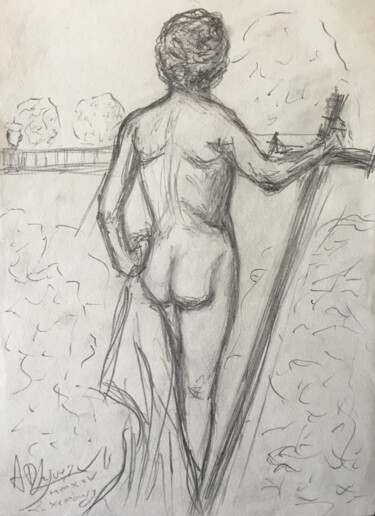 Zeichnungen mit dem Titel "Étude Jeune homme à…" von Alexandre David Lejuez, Original-Kunstwerk, Bleistift