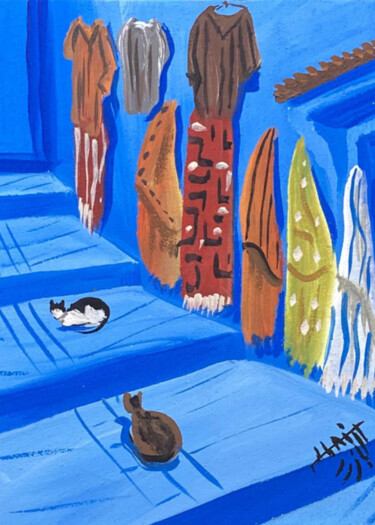 Painting titled "Vibrant Chefchaouen…" by Redwan Elbazi, Original Artwork, Acrylic Mounted on Wood Stretcher frame