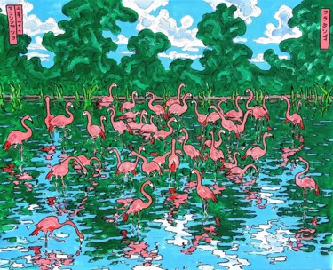 Painting titled "Flamingos" by Colin Ross Jack, Original Artwork, Acrylic Mounted on Wood Stretcher frame