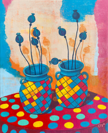 Painting titled "Poppy Still Life –…" by Elga, Original Artwork, Acrylic Mounted on Wood Stretcher frame
