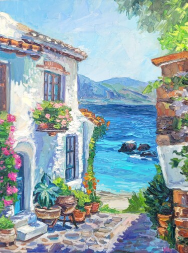 Painting titled "Santorini Greece Oi…" by Victoria Bordei, Original Artwork, Oil Mounted on Cardboard