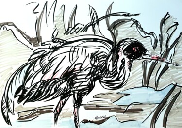 Zeichnungen mit dem Titel "Kranich im Feld" von Anne Goldhahn, Original-Kunstwerk, Marker