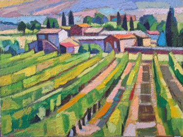 Painting titled "Vineyard, 1" by Maja Djokic Mihajlovic, Original Artwork, Oil Mounted on Wood Stretcher frame