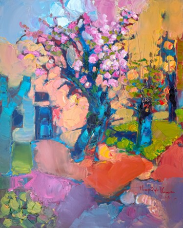 Painting titled "Sakura and …" by Ivan Tverdun, Original Artwork, Oil Mounted on Wood Stretcher frame