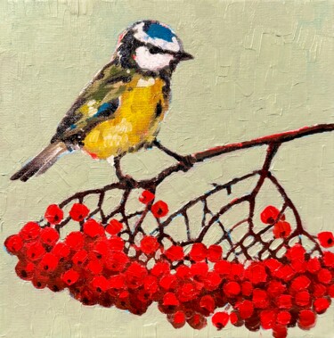 Painting titled "Titmouse" by Ekaterina Dutkevich, Original Artwork, Oil Mounted on Cardboard
