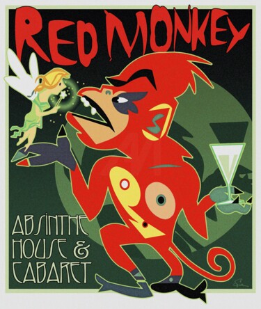 Digitale Kunst getiteld "Red Monkey Absinthe…" door Van Evan Fuller, Origineel Kunstwerk, Digitaal Schilderwerk