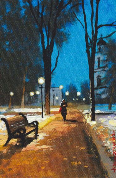 Painting titled "Christmas. Chisinau" by Victor Arseni, Original Artwork, Acrylic Mounted on Cardboard