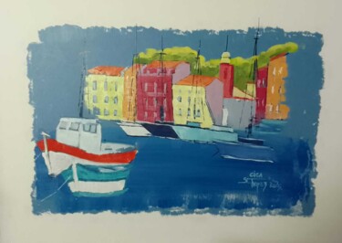 Painting titled "Port pêcheur Saint…" by Cica, Original Artwork, Oil Mounted on Wood Stretcher frame