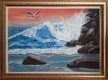 Peinture intitulée "Seagull over the wa…" par Olena Berest, Œuvre d'art originale, Gouache Monté sur Panneau de bois