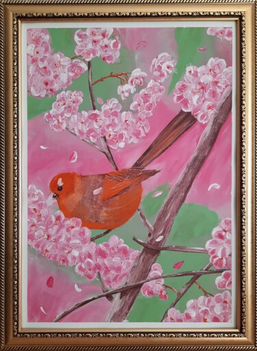 Painting titled "Canary" by Olena Berest, Original Artwork, Gouache Mounted on Wood Panel