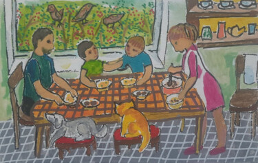 "bright family scene…" başlıklı Tablo Evgenia Rod tarafından, Orijinal sanat, Akrilik Karton üzerine monte edilmiş