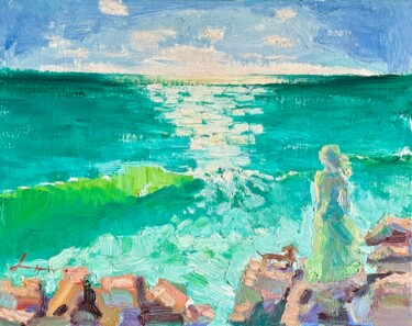 Painting titled "FILLE EN VERT, Pein…" by Loudmila Harscouet, Original Artwork, Oil Mounted on Wood Stretcher frame