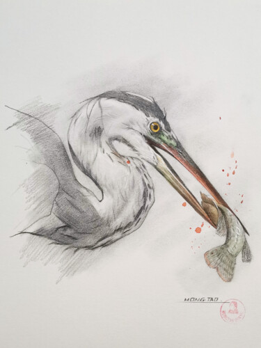 Zeichnungen mit dem Titel "Heron foraging" von Hongtao Huang, Original-Kunstwerk, Bleistift