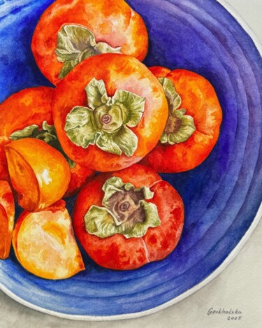 Painting titled "Persimmon Still Lif…" by Viktoriia Grokholska, Original Artwork, Watercolor