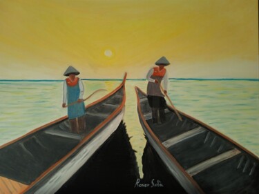 Malerei mit dem Titel "El río amarillo" von Roser Solà, Original-Kunstwerk, Öl Auf Keilrahmen aus Holz montiert