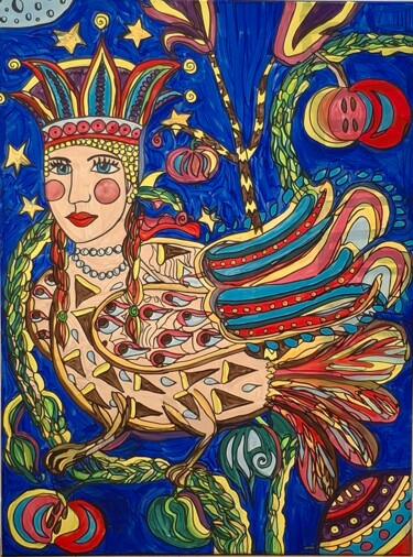 Painting titled "Sirin" by Elena Giger, Original Artwork, Acrylic Mounted on Wood Stretcher frame