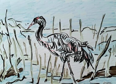 Zeichnungen mit dem Titel "Kranich im Feld II" von Anne Goldhahn, Original-Kunstwerk, Marker