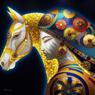 "Caballo Solar y Muj…" başlıklı Dijital Sanat Rogo Lino tarafından, Orijinal sanat, AI tarafından oluşturulan görüntü artwor…