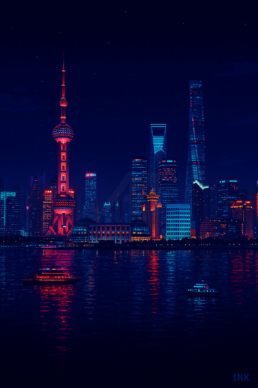 Digital Arts titled "Shanghai Skyline" by Oneink, Original Artwork, AI generated image