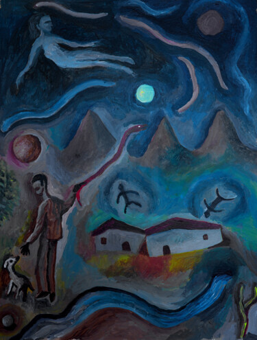 Painting titled "De paseo con el per…" by Miguel Rojas, Original Artwork, Acrylic