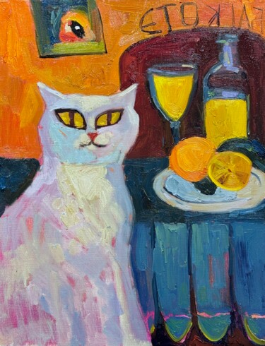 Painting titled "White Cat with Oran…" by Ann Golub, Original Artwork, Oil Mounted on Wood Stretcher frame