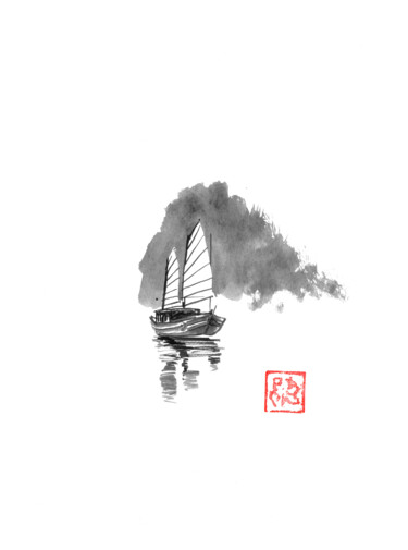 Рисунок под названием "boat going away" - Péchane, Подлинное произведение искусства, Акварель