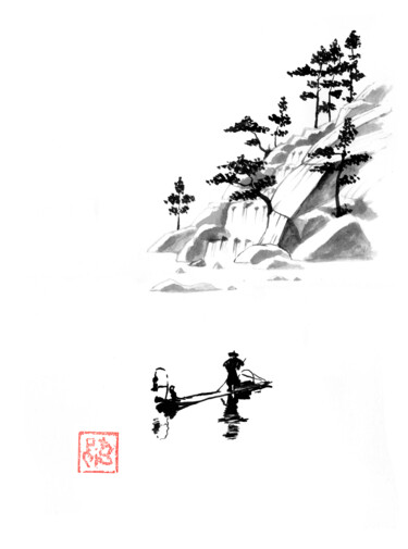 Zeichnungen mit dem Titel "fishing at the fall" von Péchane, Original-Kunstwerk, Aquarell