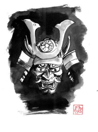 Drawing titled "oni mask" by Péchane, Original Artwork, Ink