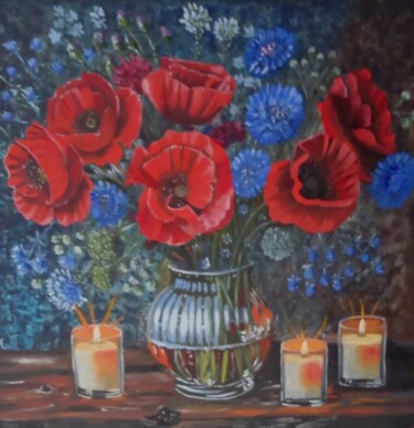 Malarstwo zatytułowany „“Red Poppies & Blue…” autorstwa Flora Solis, Oryginalna praca, Olej
