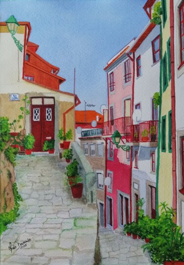 Painting titled "Porto - Rua das Ald…" by Inês Dourado, Original Artwork, Watercolor