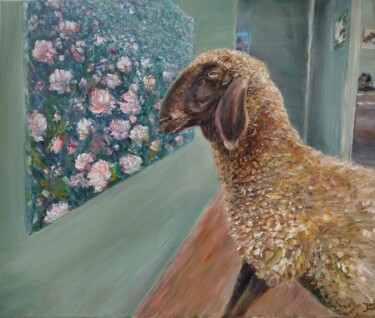 Painting titled "Sheep At the Art Ga…" by Jura Kuba, Original Artwork, Oil Mounted on Wood Stretcher frame