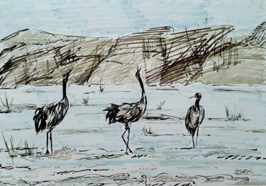 Drawing titled "Kraniche in Landsch…" by Anne Goldhahn, Original Artwork, Marker