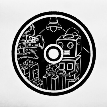Peinture intitulée "Xmas Time' A3 Robot…" par Artem Smirnov, Œuvre d'art originale, Stylo gel Monté sur Panneau de bois