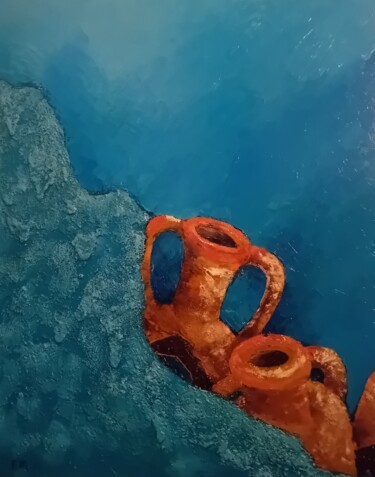 Malerei mit dem Titel "Au large d'Ikos" von Michel Forest (JONO), Original-Kunstwerk, Öl Auf Keilrahmen aus Holz montiert